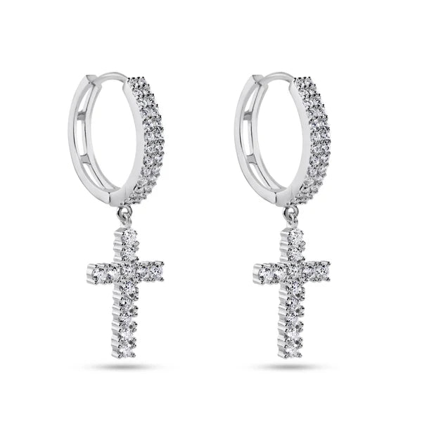 925 Sterling Silver Rhodium Plated Moissanite Cross Hoop Earring