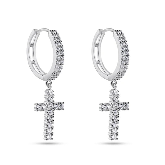 925 Sterling Silver Rhodium Plated Moissanite Cross Hoop Earring